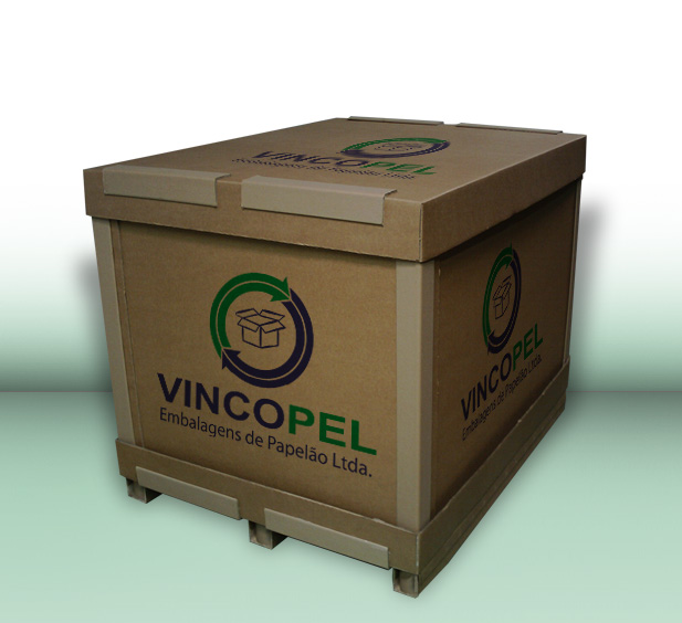 Caixa de papelão tipo exportação com cantoneiras reforçadas e pallet reciclaveis